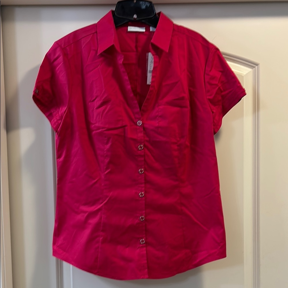 New York & Company Pink Short Sleeve Button Down Shirt